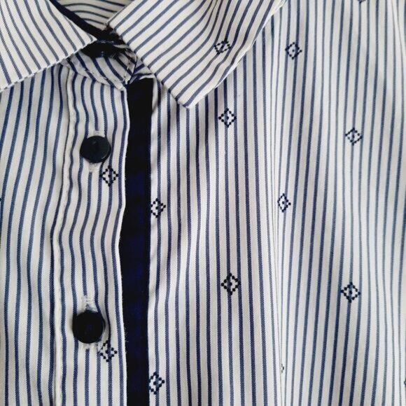 MANGO 1/4 Button Down Shirt White & Blue Stripe w/ Diamond Pattern Sz S - Picture 8 of 13